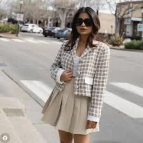 Zara Textured Plaid Houndstooth Cropped Jacket Blazer Ecru M - Picture 2 of 16